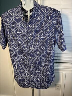 Chaps Nautical Lattice Button Down Short Sleeve Shirt Mens Large 100% Cotton